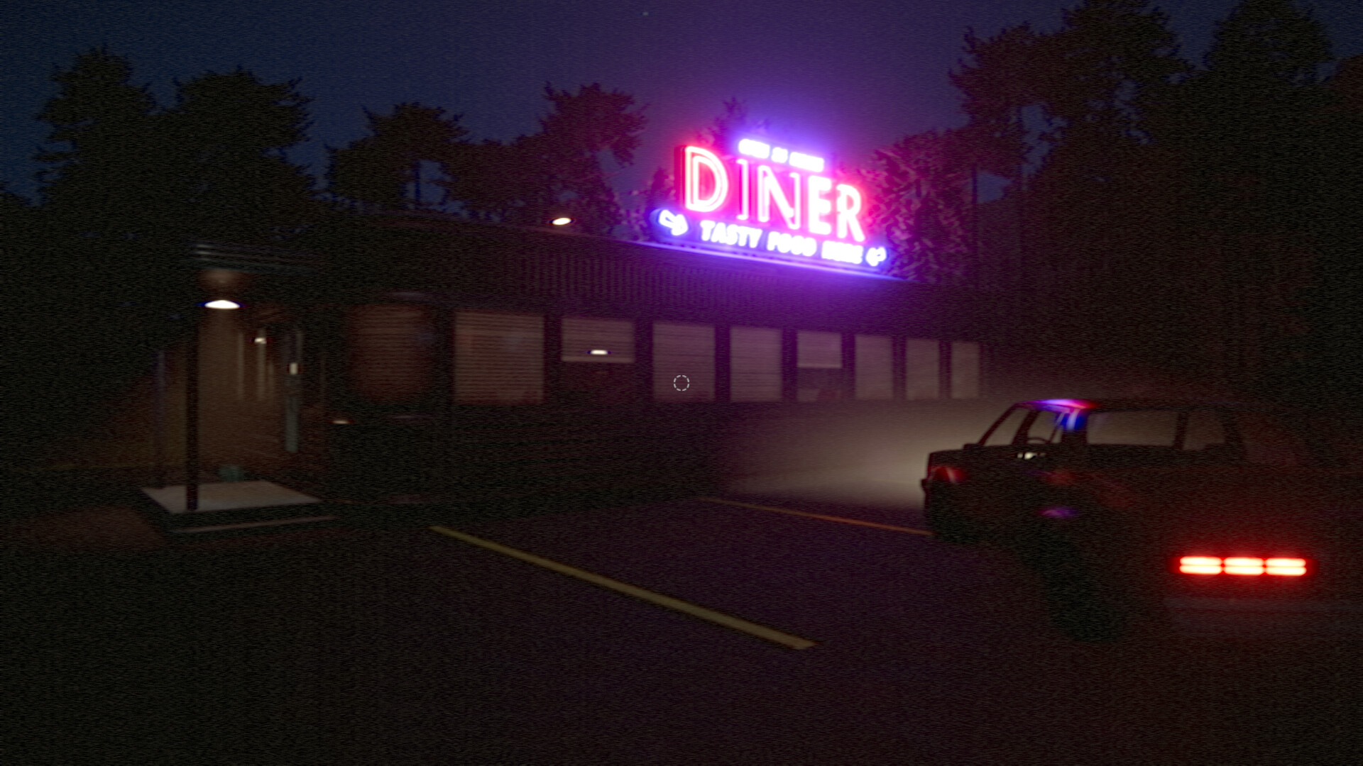 Neon diner sign and a car outside Roadside Cafe at night